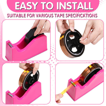 libfrnt 12 Pcs Heat Tape Dispenser Set, Sublimation Tape Dispenser Heat Resistant Gloves with Silicone Bumps 6 Pcs Heat Tape for Sublimation Mini Cutter Measuring Ruler Scissor for Office Home, Pink