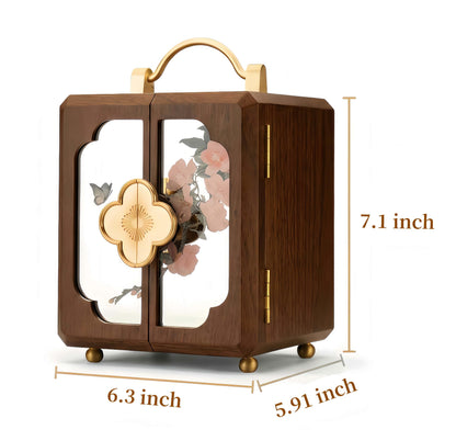 XYittkl Black Walnut Jewelry Box,Handmade Wooden Jewelry Organizer, 4-layer Jewelry Holder with Velvet&Gold Handle, Gifts for Women Mother's Day Anniversary Birthday, Mirrored Floral Window Design