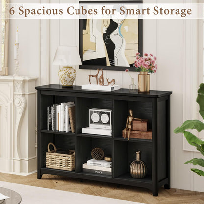 BON AUGURE 6 Cube Storage Organizer Bookcase, Horizontal Bookshelf with Curved Edge, Floor Standing Low Wooden Book Shelf for Living Room, Office -Black Oak, 43"