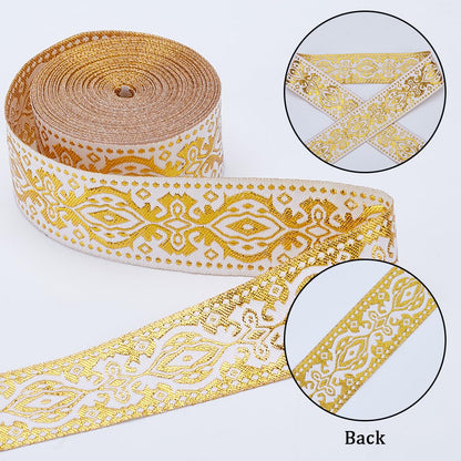 GORGECRAFT 15 Yards x 1.3 Inch Jacquard Ribbon Metallic Gold Ethnic Embroidered Woven Satin Roll Double Side Boho Fabric Floral Sewing Webbing Wrapping Strap Trim for DIY Crafts Home Curtain Decor