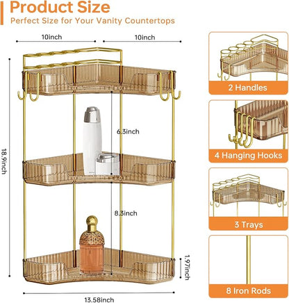 3-Tier Corner Bathroom Counter Organizer，Makeup & Skincare Shelf with Built-in Brush Holder，Space-Saving Bathroom Countertop Organizer for Skincare, Perfume, Cosmetics(Amber)