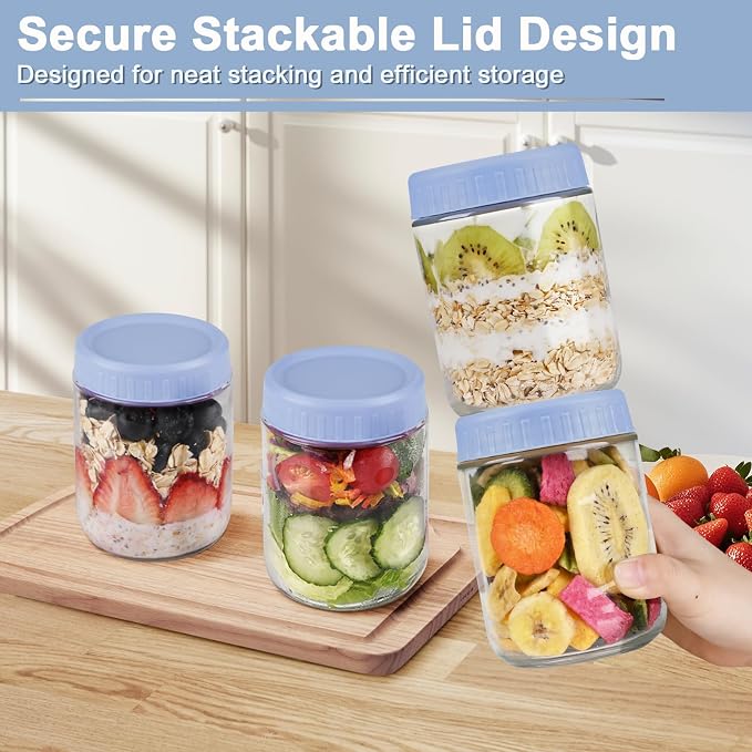 Overnight Oats Containers with Lids, 16oz Wide Mouth Mason Jars with Lids, 6 Pack Glass Jars with Airtight lid for Chia Pudding Yogurt Salad, Meal Prer Oatmeal Jars, Blue
