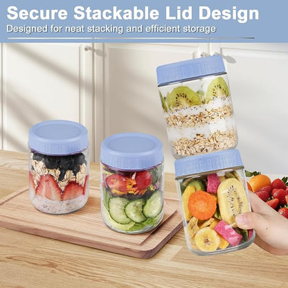 Overnight Oats Containers with Lids, 16oz Wide Mouth Mason Jars with Lids, 3 Pack Glass Jars with Airtight lid for Chia Pudding Yogurt Salad, Meal Prer Oatmeal Jars, Blue