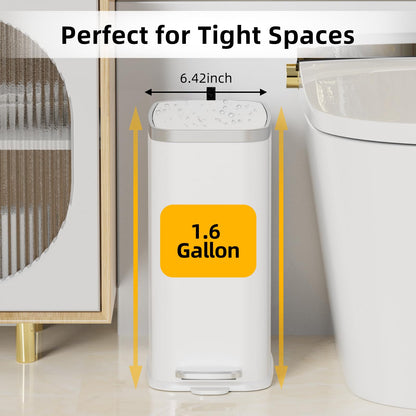 KdbK Stainless Steel Bathroom Trash Can with Lid Soft Close,1.6 Gallon Slim Garbage can,Small Metal Step Wastebasket for Office, Bedroom, Toilet, White