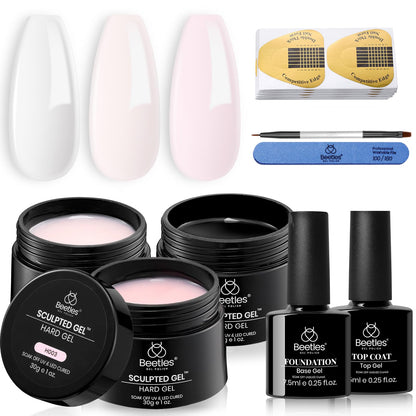 Beetles Builder Gel for Nails-3 Colors 9 in 1 Nail Extension Sculpting Building,Clear Nude Pink Hard Gel Kit with Base Top Coat for Pros,Gifts for Women,UV & LED Lamp Cured Needed