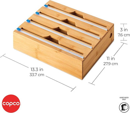 Copco In Drawer or Mounted 4 Compartment Organizer for Plastic, Foil, Wax and Parchment Paper featuring Easy Slide Tabs for Perfect Cut, With 21 Customizable Labels, Bamboo, 13.3 x 11 x 3 Inch