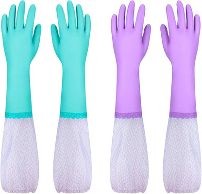 Elgood Reusable Long Sleeve Dishwashing Cleaning Gloves with Latex Free,Cotton Lining,Kitchen Gloves 2 Pairs,Purple+Blue M