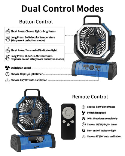 ADUST Camping Fan Battery Operated Powered Fan with LED Lantern Light 20000mAh Rechargeable Portable Oscillating, 360° Rotation Hanging Hook for Tents, Cordless USB Desk Fan(Blue)