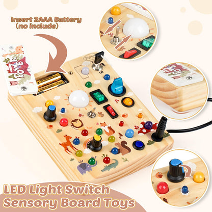 Joyreal Wooden Busy Board with LED Light, Montessori Toddler Toys, Wooden Sensory Board, Toddlers Activity Travel Toys for Boy & Girl Birthday Gift (Forest Theme)