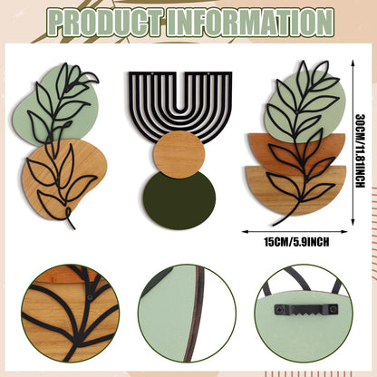 Wenqik Set of 3 Boho Wall Art Decor 3D Wood & Metal Abstract Geometric Wall Hangings Sculpture 15 x 6in Sage Green Beige Terracotta Minimalist Botanical Artwork for Home Decor Gallery Room