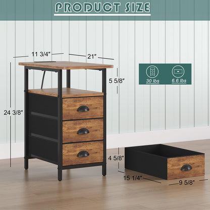 sthmec End Table with Charging Station, Side Tables Livingroom with USB Ports and Outlets,Narrow Nightstands Bedside Tables with 3 Drawers for Small Space,Slim Sofa Table Bedroom,Rustic Brown