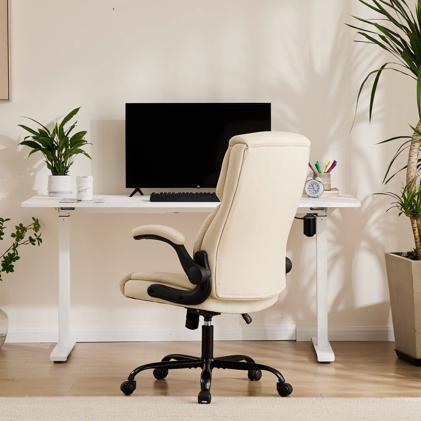 Sweetcrispy Computer Gaming Chair, Ergonomic High Back Heavy Duty Task Desk Office Chairs with Wheels, Flip-up Arms, Adjustable Height, PU Leather, Cream