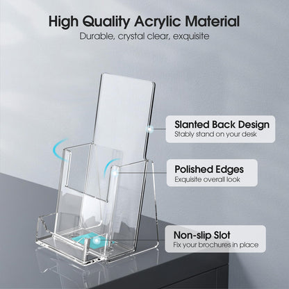 MaxGear Brochure Holder 4x9 inch with Business Card Organizer, Acrylic Literature Display Stand Clear Plastic Flyer Holder Wall Mount or Countertop Use for Pamphlets, Booklets, 6 Pack