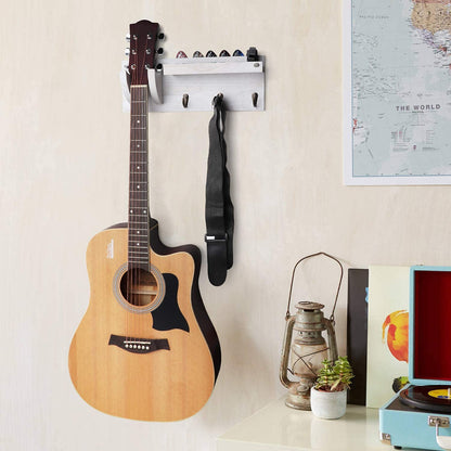 Bikoney Guitar Wall Mount Hanger with Shelf, Guitar Holder Wall with Pick Holder and 3 Hooks, Guitar Stand Wall for Acoustic, Electric, Bass, Ukulele, Vintagte White [U.S. Patent]
