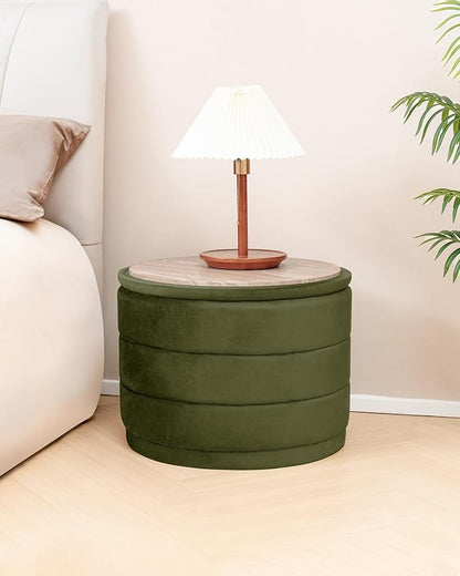 B FSOBEIIALEO Round Velvet Storage Ottoman with Tray, Folding Ottoman with Storage Coffee Table Foot Rest for Dorm Room, Living Room Olive, 22.83"x22.83"x17.32"