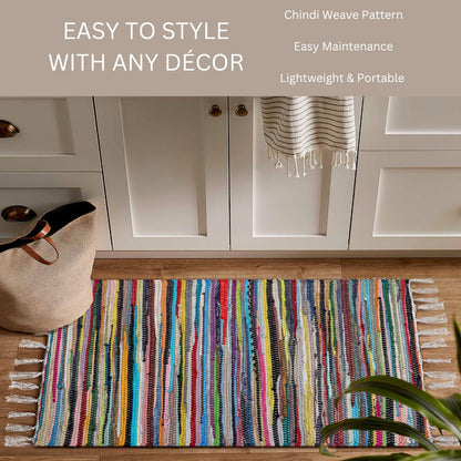 CottonCove Cotton Chindi Rug - Boho Rustic Area Accent Throw Rug - Area Floor Carpet for Bedroom Living Room Kitchen Dorm Entryway Hallway - 20x32 inch Hand Woven Reversible Area Rug Multi Color