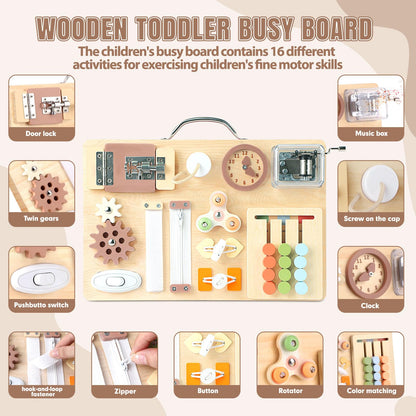 Hoarosall Montessori Busy Board for Toddlers 16-in-1 Wooden Sensory Activity Board with Music Box Fine Motor Skills Learning Toy Preschool Educational Travel Gift for Boys Girls Ages 1-3