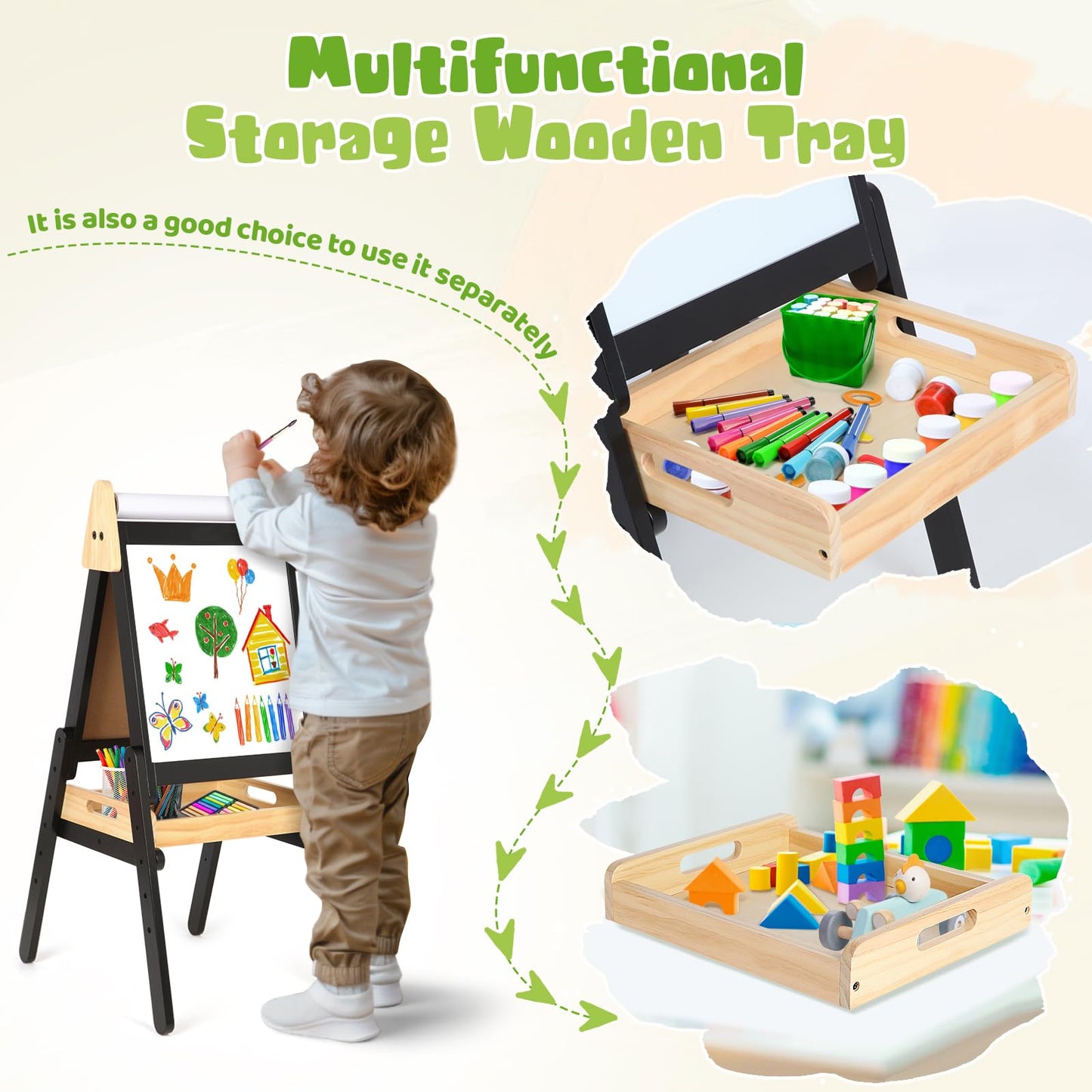 3 in 1 Easel for Little Kids with Wood Tray, Double Sided Wooden Easel with Paper Roll, Magnetic Whiteboard & Dry Erase Black Chalkboard, Height Adjustable Painting Standing for Toddlers Childrens 2-5