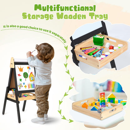 3 in 1 Easel for Little Kids with Wood Tray, Double Sided Wooden Easel with Paper Roll, Magnetic Whiteboard & Dry Erase Black Chalkboard, Height Adjustable Painting Standing for Toddlers Childrens 2-5