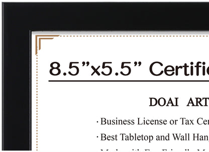 DOAI ART 8.5 x 5.5 Business License Frame Black, Professionals 5.5 x 8.5 Certificate Frames Fit Diploma, Document and Tax Certificate Self Standing with Wall Hangers