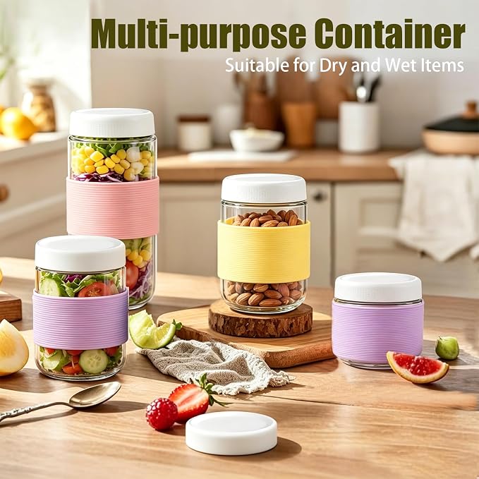 24 oz (6 Pack) Overnight Oats Containers with Airtight Lids and Silicone Sleeves - Perfect for Overnight Oats, Salad, Yogurt, Snacks, Pickles - Leakproof and Reusable Glass Food Storage Containers
