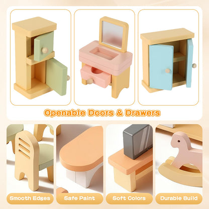Peccvon 35PCS Wooden Dollhouse Furniture Set with Dolls for 5 Rooms Kits, Doll House Accessories Furniture Toys for Toddlers, Pretend Play Toys Christmas Birthday Gift for Girls and Boys, 3+