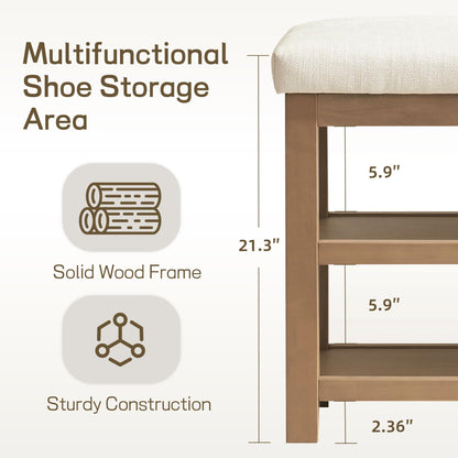 Zihanhome 2 Tier Shoe Rack Bench with Cushion, Solid Wood Shoe Benches, Mid-Century Modern Shoe Storage Bench for Entryway, Hallway, Living Room, Closet, Front Door Entrance, (Beige, 31.5")