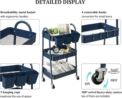 danpinera 3-Tier Rolling Cart, Utility Cart Mobile Metal Rolling Storage Cart with Lockable Wheels & Hanging Cups & Hooks for Kitchen, Bathroom, Office, Workshop, Dark Blue