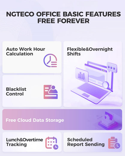 NGTeco Time Clock Cloud-Based, TC5 Face Recognition Time Clocks for Employees Small Business, 2.4G WiFi Remote Control Clock in and Out Machine with Software & iOS/Android App, No Monthly Fee