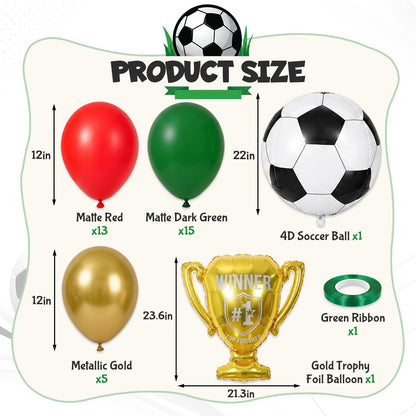 Red and Green Soccer Balloons, 12 Inch Green and Gold Soccer Balloons with 22" Soccer Foil Ball Gold Trophy Balloon for Boys Men Sports Theme Birthday Football Game Day Party Decorations Supplies