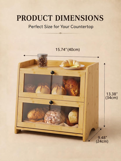 Plusinthebox Bamboo Bread Box for Kitchen Countertop, 2 Tier Large Capacity Wooden Bread Storage Container, Bread Keeper for Homemade Bread, Bagels and Pastries, Pantry and Coffee Bar Organizer