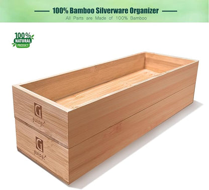 guiogc Set of 2 Bamboo Drawer Organizer, Stackable Utensil Organizer for Kitchen, Bamboo Storage Box Wood Silverware Tray for Drawer