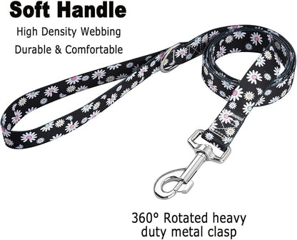 MarukoPet Dog Collar and Leash Set, Adjustable for Small Medium Large Dogs Puppy, Cute Design with Bohemia Floral Tribal Geometric Patterns Boys Girls Dog Collar(Black Daisy Set,L)