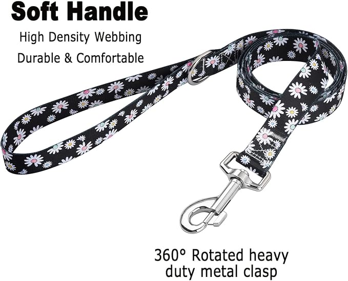 MarukoPet Dog Collar and Leash Set, Adjustable for Small Medium Large Dogs Puppy, Cute Design with Bohemia Floral Tribal Geometric Patterns Boys Girls Dog Collar(Black Daisy Set,M)