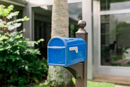 Architectural Mailboxes Chadwick Post Mount Mailbox, Blue, Medium | Galvanized steel build for outside with weather-resistant build and rust-resistant powder-coat finish. USPS approved.