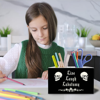 METNBASYY Dark Academia Gothic Skeleton Pen Holder for Desk, Funny Goth Skull Pencil Organizer, Live Laugh Lobotomy Dark Humor Wooden Box Sign Desk Decor for Home Office Decoration