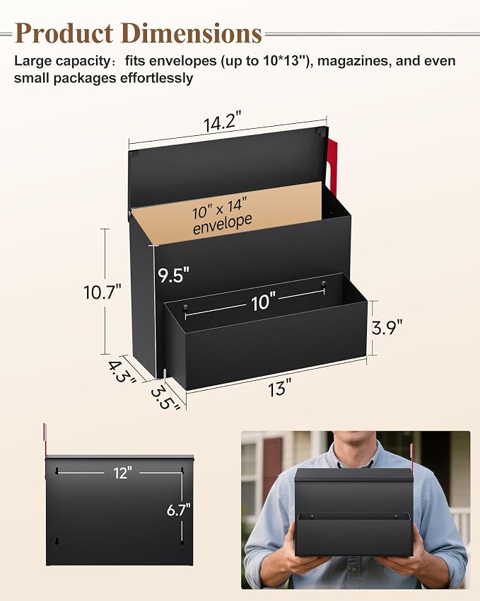 Wall-Mount Mailbox for Outside, Large Capacity Rust-Proof Mail Box with Planter & Red Flag Kit, Galvanized Steel Weather-Resistant Post Box for House Outside, 14.2"x8.2"x10.6", Black