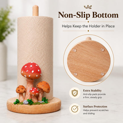 Mushroom Paper Towel Holder, Hand-Carved Resin & Wood Tissue Holder with Large Non-Slip Base, Decorative Kitchen Countertop Paper Towel Stand for Bathroom, Living Room, Farmhouse Decor