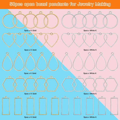50pcs Open Bezel Pendants 5 Styles Hollow Bezel Pendants Open Frame Pendant Geometric Pressed Flower Frame for Resin Casting, Necklace, Earrings, Pressed Flower, DIY Crafts(K Gold,White K)