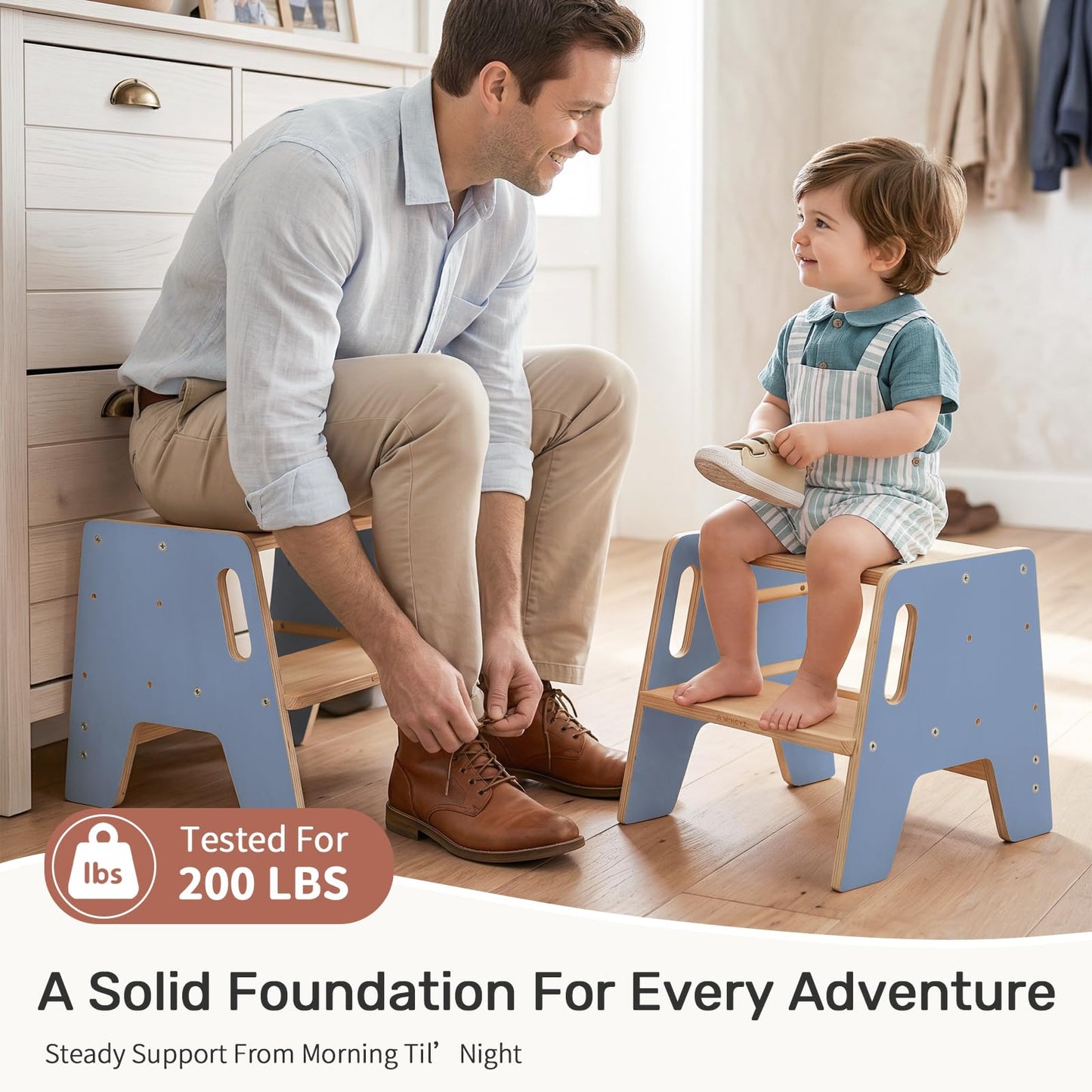 WINGYZ Toddler Step Stool, 3-Height Adjustable Wooden Stool for Kids, FSC & ASTM Birch Marine Plywood, 200lb Capacity, Bathroom Sink Independence, Kitchen Potty Training, Light Blue