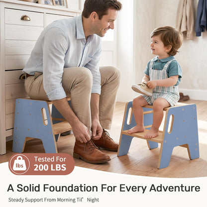 WINGYZ Toddler Step Stool, 3-Height Adjustable Wooden Stool for Kids, FSC & ASTM Birch Marine Plywood, 200lb Capacity, Bathroom Sink Independence, Kitchen Potty Training, Light Blue