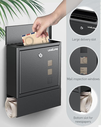 Uniclife Wall Mount Mailbox, Mailboxes for Outside, Large Modern Mail Box with Key Lock, Security Locking Drop Box for Newspaper House Office Outdoor, Black