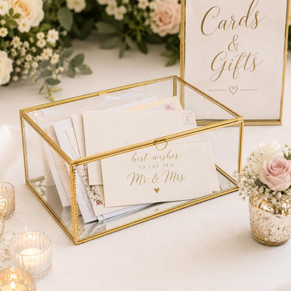 Feyarl Gold Glass Wedding Cards Display Box Keepsake Memory Photo Box Jewelry Trinket Rings Earrings Organizer Display Makeup Holder for Home Decor Wedding Engagement (10.8 x 7 x 3.9inch)