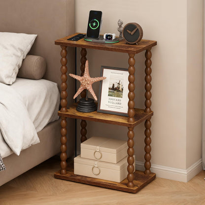 ELYKEN Side Table with Charging Station, Small End Tables Living Room with USB Port and Outlet, 3-Tier Narrow Bedside Table Nightstands for Bedroom, Rustic Brown