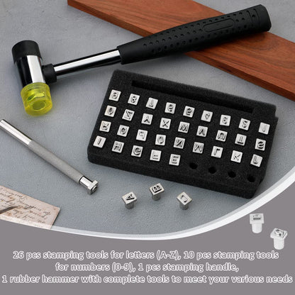 38 PCS Leather Stamping Tools, Leather Stamping Kit with 36pcs Letters and Numbers, Rubber Hammer for Leather Working