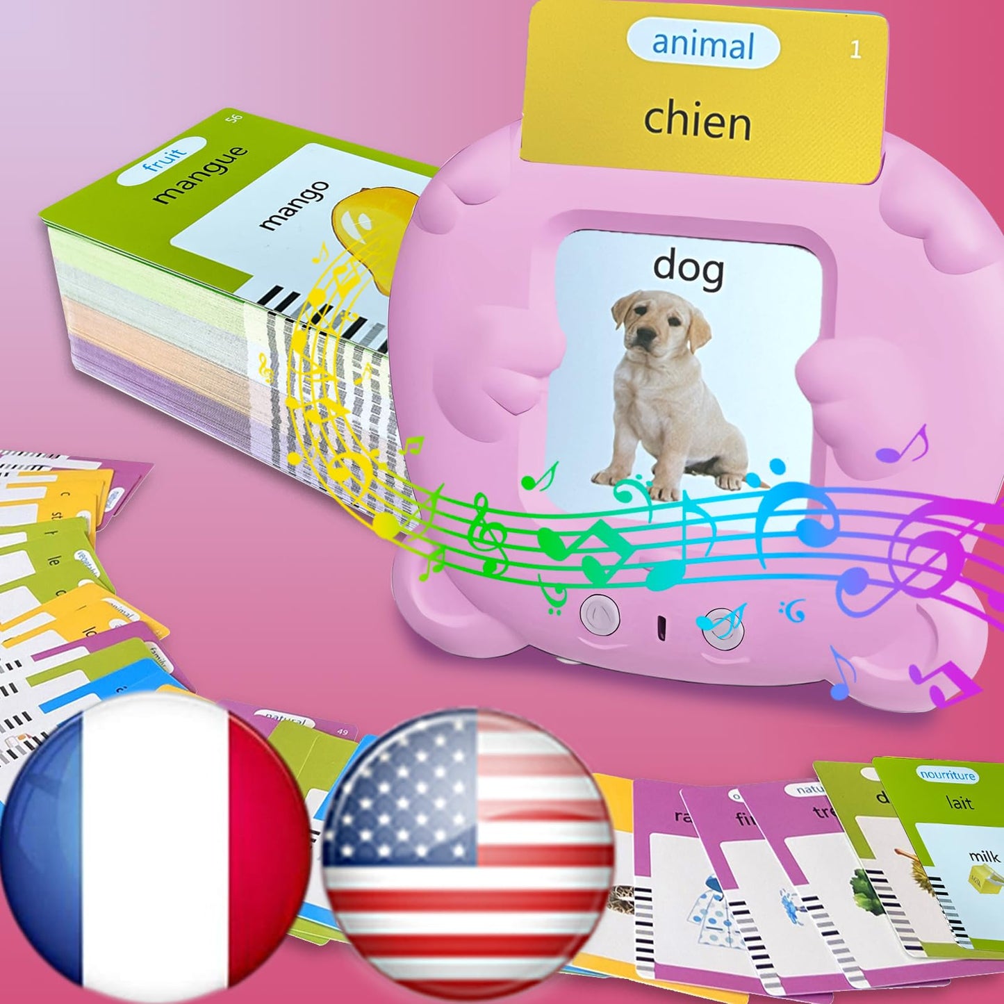 MoLingvora Bilingual Talking Flash Cards for Kids - Français French English Flashcards Children Adults, 510 Sight Words, ABC Alphabet, Pocket Speech for Toddlers, Audible Sensory Toys (French, Pink)