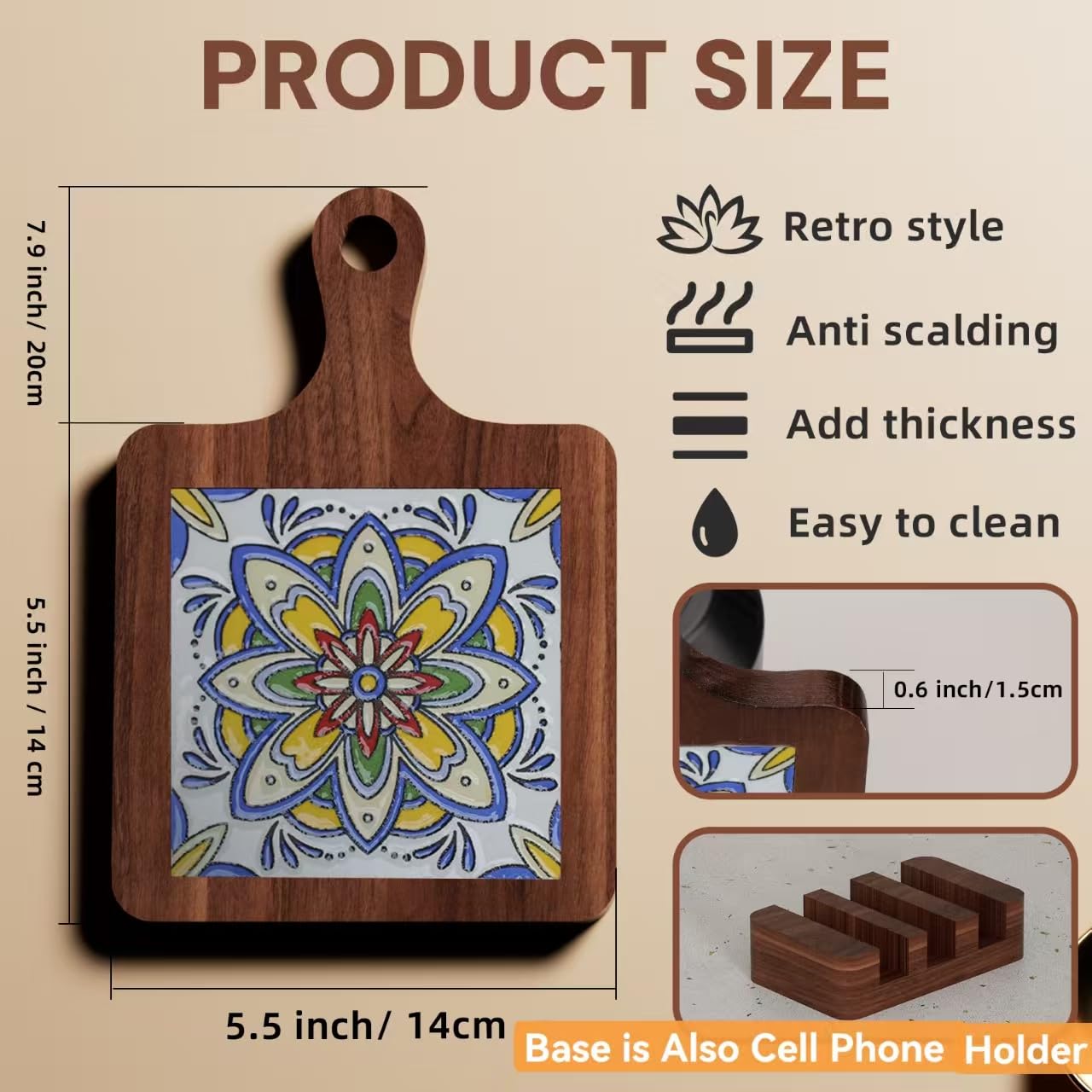 Wooden Trivets for Hot Dishes，3-PCS Set of Wooden Non-Slip Coasters with Stand,Base is Also a Cell Phone Holder,hot Pads for Kitchen，Trivets for hot pots and Pans,Hot Pad to Portect Your Countertop