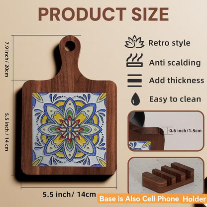 Wooden Trivets for Hot Dishes，3-PCS Set of Wooden Non-Slip Coasters with Stand,Base is Also a Cell Phone Holder,hot Pads for Kitchen，Trivets for hot pots and Pans,Hot Pad to Portect Your Countertop