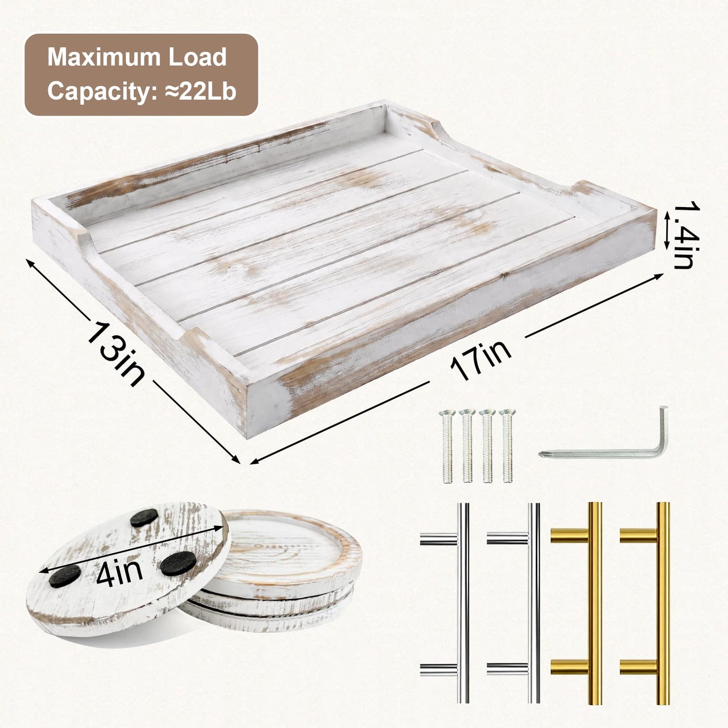 ComfyTune Wood Serving Tray with Metal Handles, 17x13in Large Wooden Tray for Ottoman, Coffee Table, Breakfast, Dinner & Bar, Decorative Tray for Living Room, Bedroom, Bathroom and Kitchen, Off-White