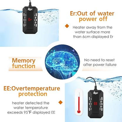 AQQA Aquarium Submersible Heater for Fish Tank,HD Temperature Display and Built-in Thermometer,External Controller Temperature Control Range 59℉-93℉,Safety Control Protects 150W